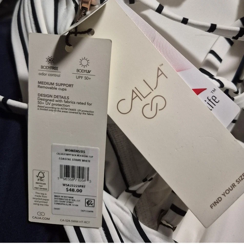 CALIA Strappy Back Ruch Bikini Top Coastal Stripe White XS WSA23223PRT NEW